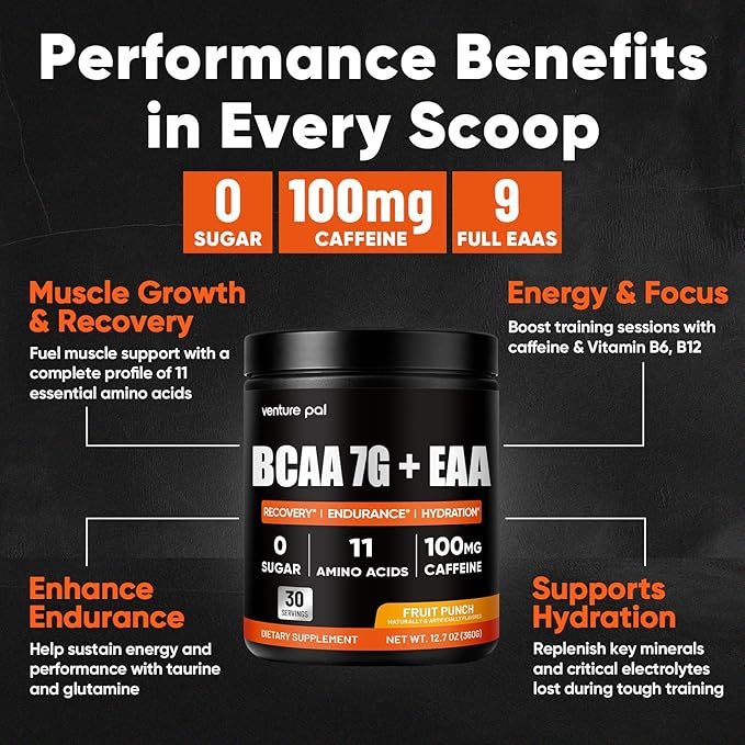 Sugar Free 7g BCAA + EAA Powder | Supports Muscle Recovery, Growth, Strength & Endurance – 9 Essential Amino Acids with L-Glutamine, Caffeine, Vitamin & Electrolyte for Energy & Hydration, Gluten Free