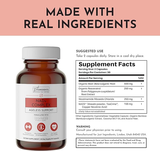 JUST INGREDIENTS NAD+ Supplement – 60 Capsules – Supports Cellular Energy, Healthy Aging, Mitochondrial Function & DNA Repair – with Nicotinamide Riboside, Resveratrol, Beet Root & NAD3® Complex