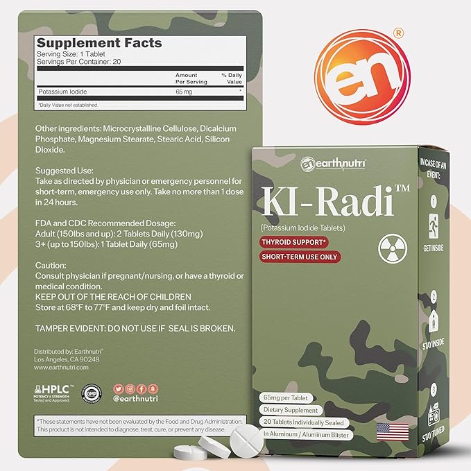 EarthNutri KI-Radi™ Potassium Iodide KI Tablets 65 mg – High Potency Iodine for Thyroid Support, Emergency Preparedness – Potassium Supplement in Foil-Foil Blister – 100 Tablets (5 Pack of 20)