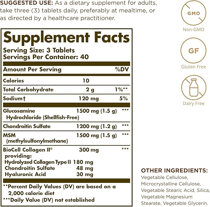 Solgar Glucosamine Hyaluronic Acid Condroitin MSM (Shellfish-Free) 120 Tablets - 2 Bottles