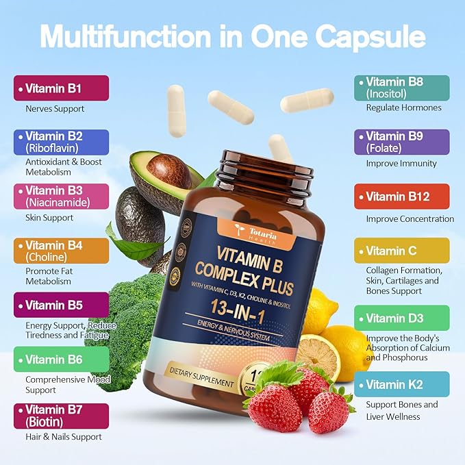 13-in-1 Vitamin B Complex Plus with Vitamin B1, B2, B3 (Niacin), B4, B5, B6, B7 (Biotin), B8 (Inositol), B9 (Folate), B12, C, D3, K2 for Energy, Nerve, Immune, Skin - 120 Caps per Bottle - 2 Bottles
