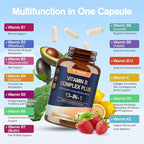 13-in-1 Vitamin B Complex Plus with Vitamin B1, B2, B3 (Niacin), B4, B5, B6, B7 (Biotin), B8 (Inositol), B9 (Folate), B12, C, D3, K2 for Energy, Nerve, Immune, Skin - 120 Caps per Bottle - 2 Bottles