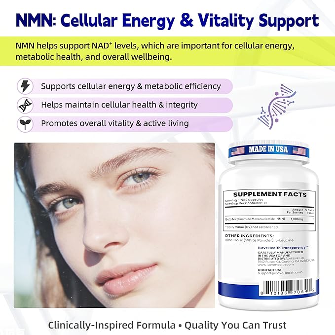 NMN 1000mg Supplement Per Serving,99.9% Pure Nicotinamide Mononucleotide,NAD+ Support Cellular Energy & Healthy Aging for Men & Women,60 Capsules(30-Day Supply),Third-Party Tested,cGMP