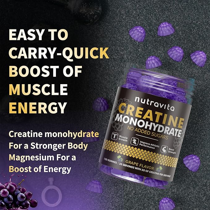 Nutravita Creatine Monohydrate Gummies for Men & Women-5g of Creatine Monohydrate per Serving - Sugar Free,Vegan, Grapes Flavor, 120 Count