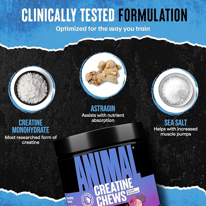 Animal Creatine Chews – 5g Creatine Monohydrate Tablets for Strength, Power & Training Recovery Support – Enhanced Absorption with AstraGin® – Convenient Chewable Format – 120 Tablets
