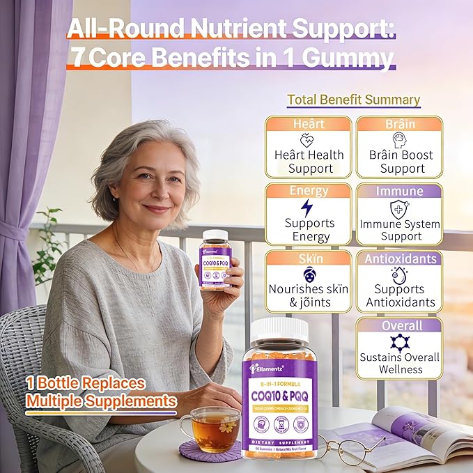CoQ10 Gummies 200mg with PQQ, Red Yeast Rice & Omega 3 | High Absorption Coenzyme Q10 Supplements for Hear-t Health, Brain & Cellular Energy | Sugar-Free, Vegan, 120 Counts
