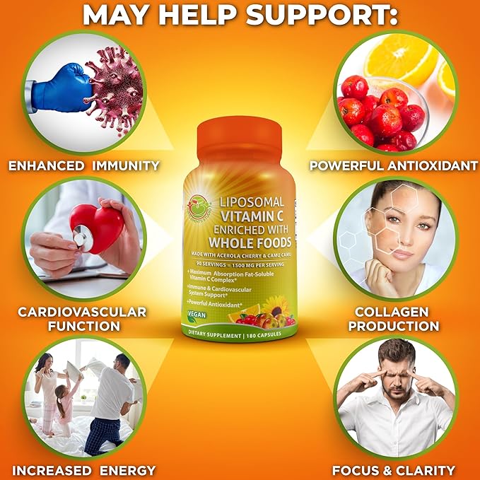 Liposomal Vitamin C Capsules - 1500mg - Made with Organic Acerola Cherries & Camu Camu, High Potency Vitamin C Liposomal - Immune Support Supplement, Enhanced Absorption & Bioavailability - 180 Count