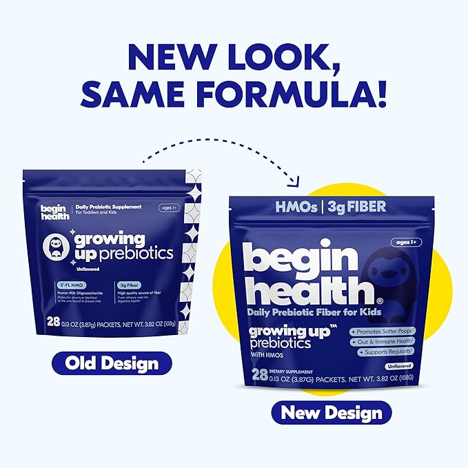 Begin Health Growing Up Prebiotics for Kids 28-Packs | Prebiotic Soluble Powder Stool Softeners and Digestive Gut Health Supplement | Ideal to Mix with Kids Daily Beverages and Soft Foods - Unflavored