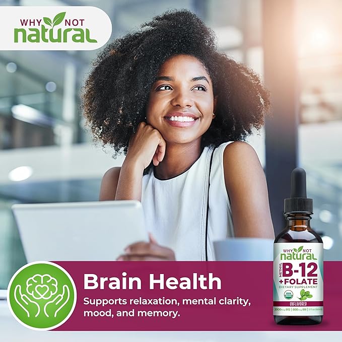 Why Not Natural Vitamin B12 Liquid Plus Folate - Organic Sublingual Extra Strength Vegan Drops - Methyl Supplement with Folinic