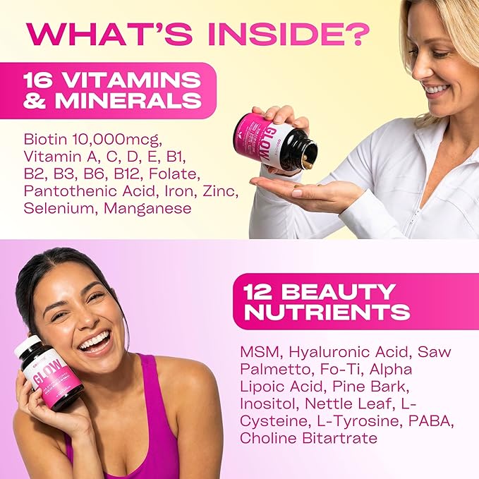 GOBIOTIX Hair Skin and Nails Vitamin Supplement - 10000mcg Biotin Pills with Hyaluronic Acid, Folate, Iron, Magnesium, and Zinc - Collagen Production, Hair Growth - 60 Servings