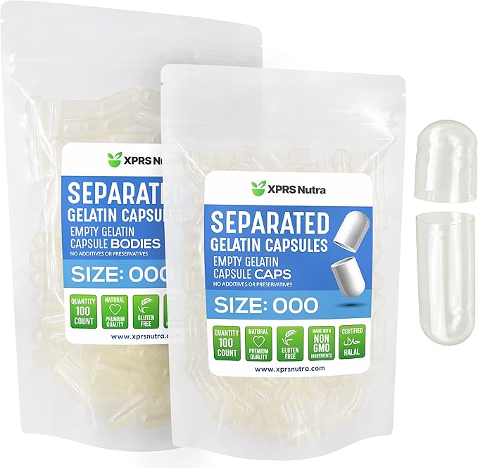 XPRS Nutra Separated Capsules Size 000-100 Count Large Empty Gelatin Capsules Separated in Bags - Premium Clear Empty 000 Pills for DIY Supplement Filling