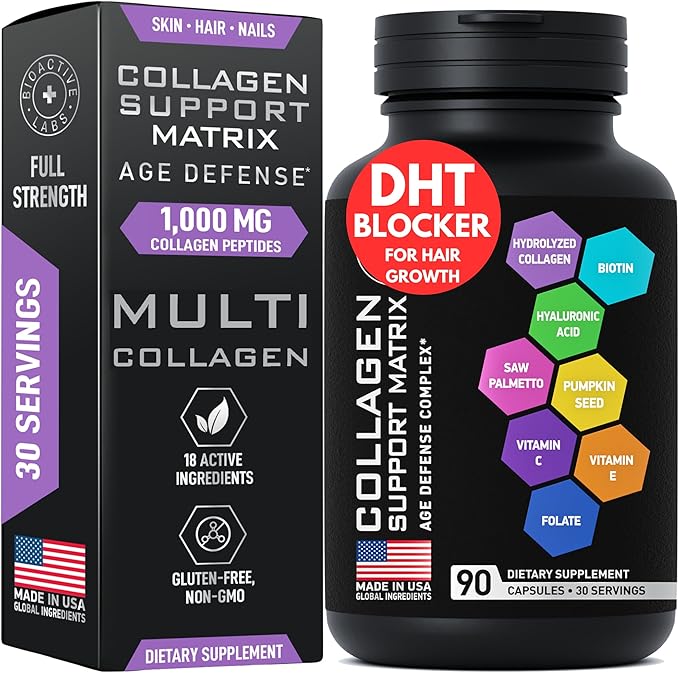 Age Defense Beauty Collagen Matrix - 2,000mg Multi Collagen Biotin Keratin Hyaluronic Acid Saw Palmetto Supplement Complex - DHT Blocker for Men & Women for Hair Growth - 3-PACK, 270 Gluten-Free Caps