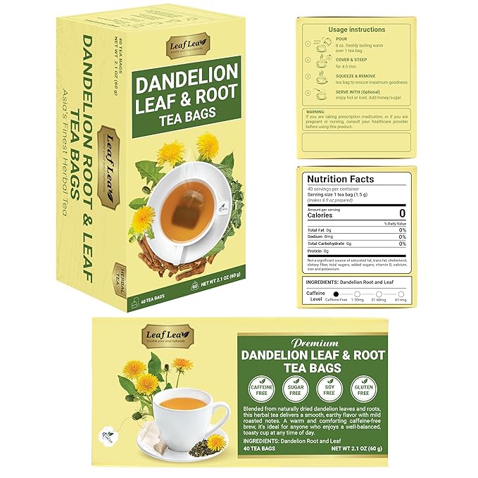 LeafLea 120 Dandelion Root and Leaf Tea Bags, Premium Dandelion Herbal Tea, Natural Dandelion Root Tea Blend with Leaves, Caffeine-Free, Te de Diente de Leon, Pack of 3