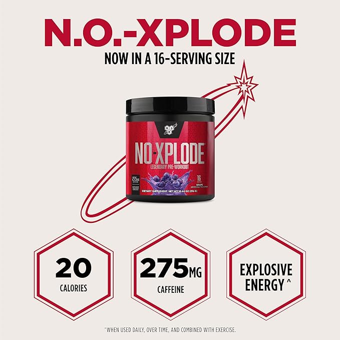 BSN N.O.-XPLODE Pre Workout Powder, Energy Supplement for Men and Women with Creatine and Beta-Alanine, Grape, 16 Servings, 0.65 Pound (Packaging May Vary)