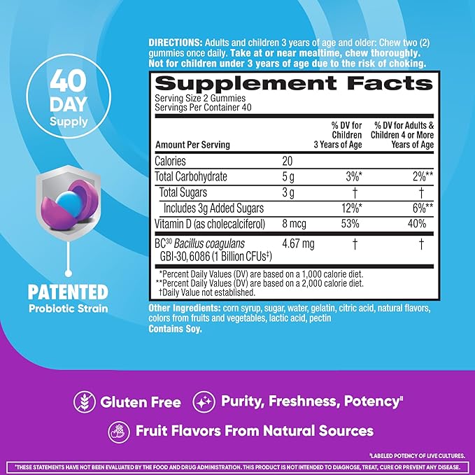 Digestive Advantage Daily Probiotic Gummy for Kids, Multi, Natural Fruit Flavours, 80.0 Count (Pack of 2)