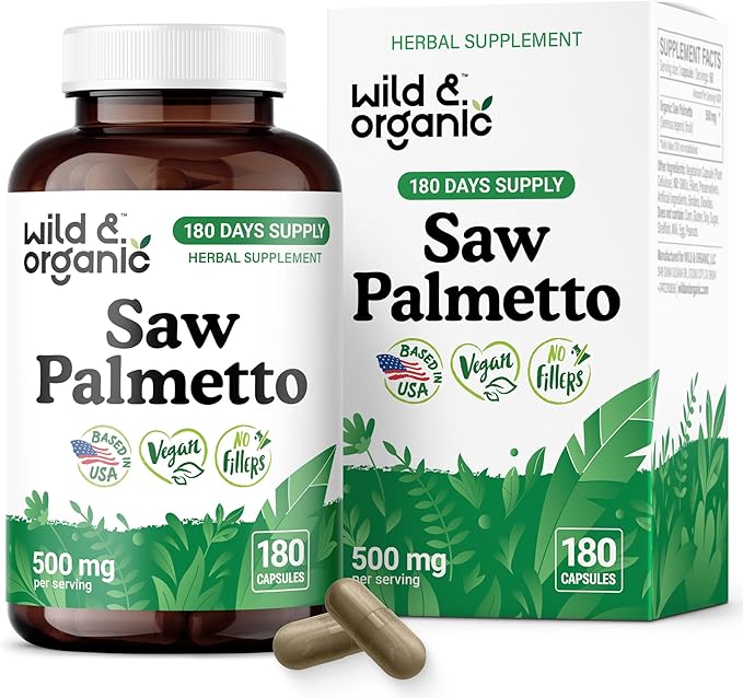 Wild & Organic Saw Palmetto Capsules 500 mg - Urinary Tract Support for Men & Women - Pure Saw Palmetto Supplement - Serenoa Repens Berries - 180 Days of Supply - Vegan, Non-GMO - 180 Count