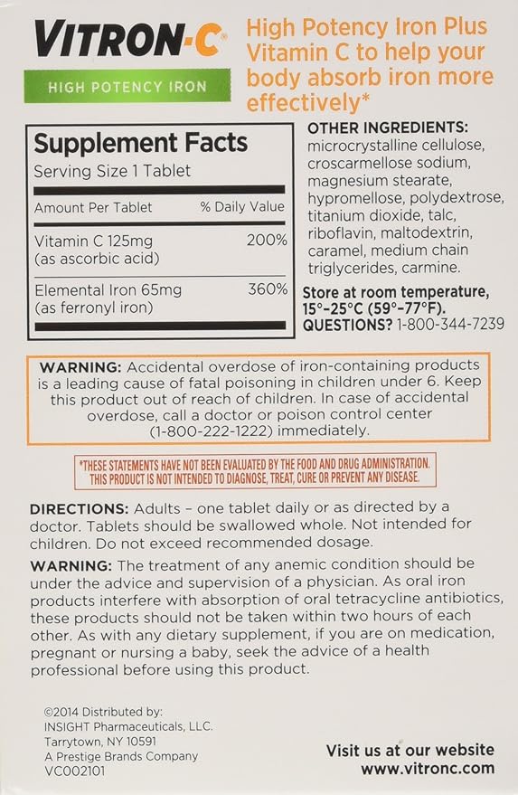 VITRON-C High Potency Iron Plus Vitamin C Tablets - 60 Ea - 3 pack
