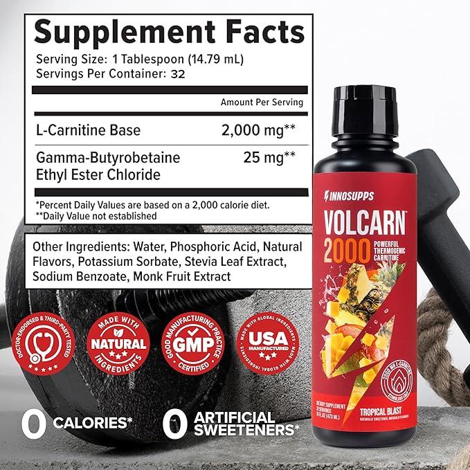 InnoSupps Volcarn 2000 - L-CARNITINE Advanced Energy Liquid | ATP Enhancer with GBEEC | Boosts Energy, Enhances Focus, Caffeine Free, No Artificial Sweeteners | 32 Servings (Tropical Blast)