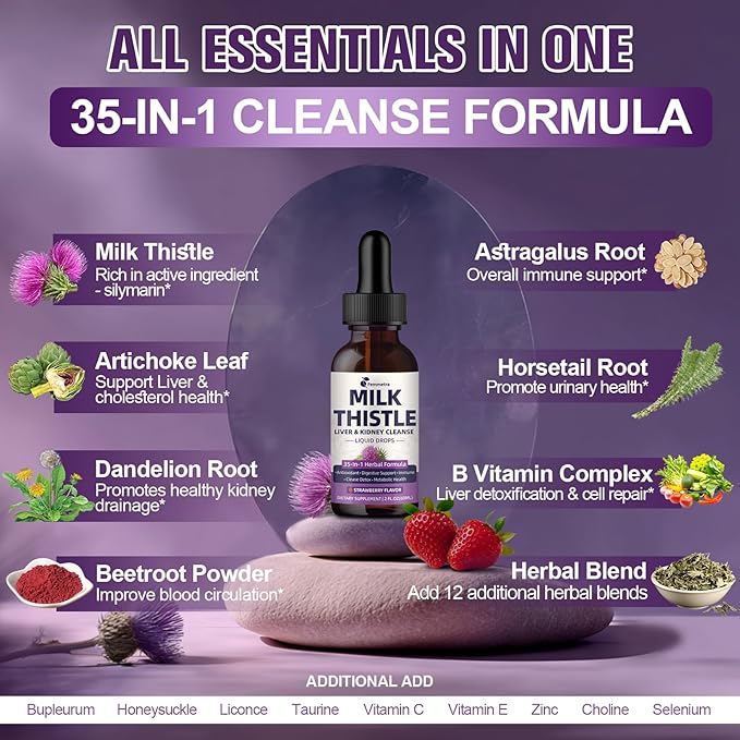 Milk Thistle Extract Liquid Drops for Liver Cleanse Detox & Repair, 35-IN-1 Kidney Support Supplement with Artichoke & Dandelion for Urinary Tract, Bladder, Vegan, Non-GMO, Strawberry Flavor, 2 FL OZ