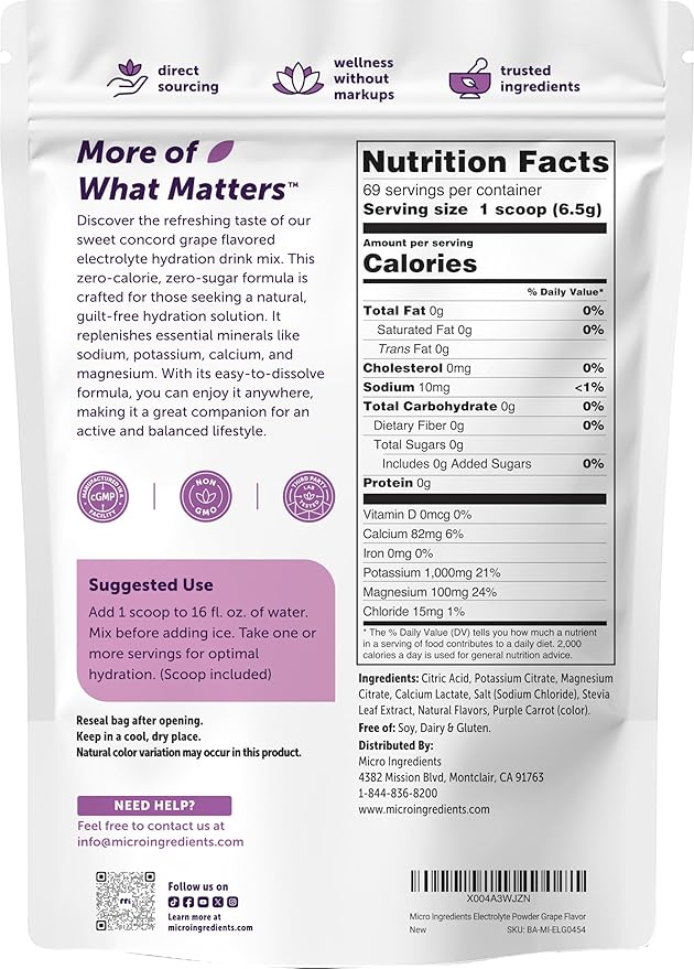 Micro Ingredients Hydration Electrolyte Powder, 1 lb (69 Servings) | Concord Grape Flavor | High Potassium (1,000mg) + Coconut Water | No Sugar, Keto Friendly | Non-GMO