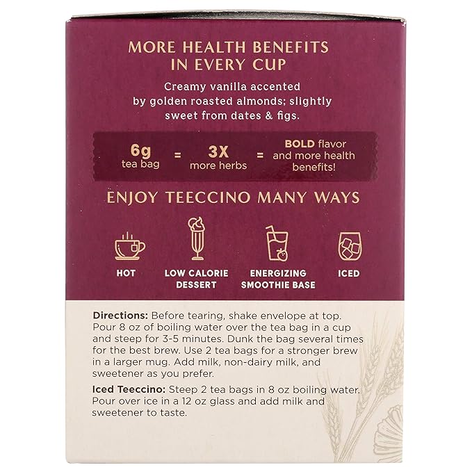 Teeccino Vanilla Nut Herbal Tea - Rich & Roasted Herbal Tea That’s Caffeine Free & Prebiotic for Natural Energy, 10 Tea Bags