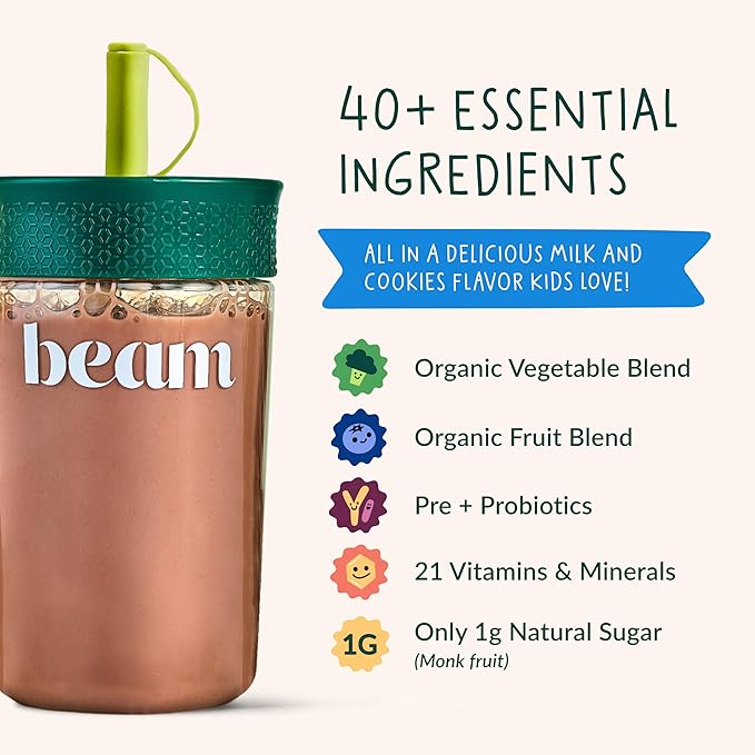 Beam Kids Multivitamin Powder – Kids Vitamins with Greens, Probiotic & Prebiotic, Immune Support for Children & Toddlers, No Artificial Sweeteners, For Picky Eaters, 20 Servings, Chocolate Chip Cookie