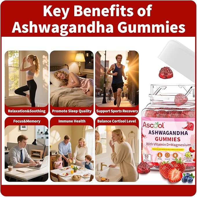 Ashwagandha Gummies for Stress Relief & Clam with Magnesium + Vitamin D – 90 Count Sugar-Free, Vegan Ashwa Supplements