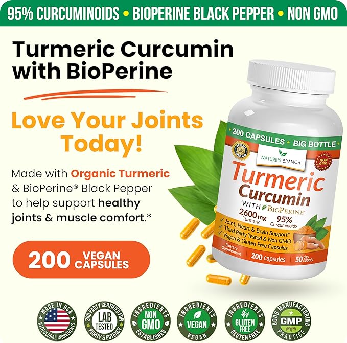 Turmeric Curcumin Supplement 2600mg | Organic Turmeric Powder - 95% Curcuminoids, 200 Capsules - Extra Strength for Joint Support with Black Pepper - High Absorption, BioPerine Extract, Vegan Pills