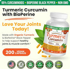 Turmeric Curcumin Supplement 2600mg | Organic Turmeric Powder - 95% Curcuminoids, 200 Capsules - Extra Strength for Joint Support with Black Pepper - High Absorption, BioPerine Extract, Vegan Pills