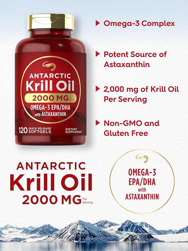 Carlyle Antarctic Krill Oil 2000mg | 120 Softgels | Omega-3 EPA, DHA, with Astaxanthin Supplement Sourced from Red Krill | Maximum Strength | Laboratory Tested