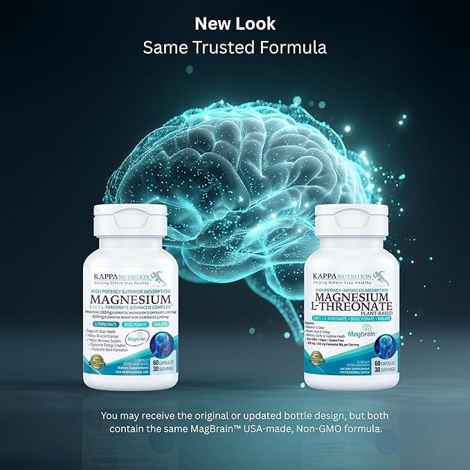Kappa Nutrition Powered by Magbrain™ Magnesium L-Threonate Plant-Based, 60 Vegan Capsules, 420mg Elemental Magnesium (3 Capsules) from 2,253mg, Brain, Sleep & Muscle Support.