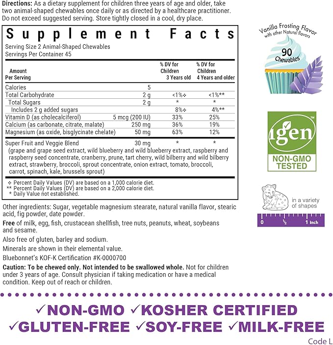 BlueBonnet Super Earth Rainforest Animalz Calcium Magnesium And Vitamin D3 Chews, Natural Vanilla Frosting, White, 90 Count