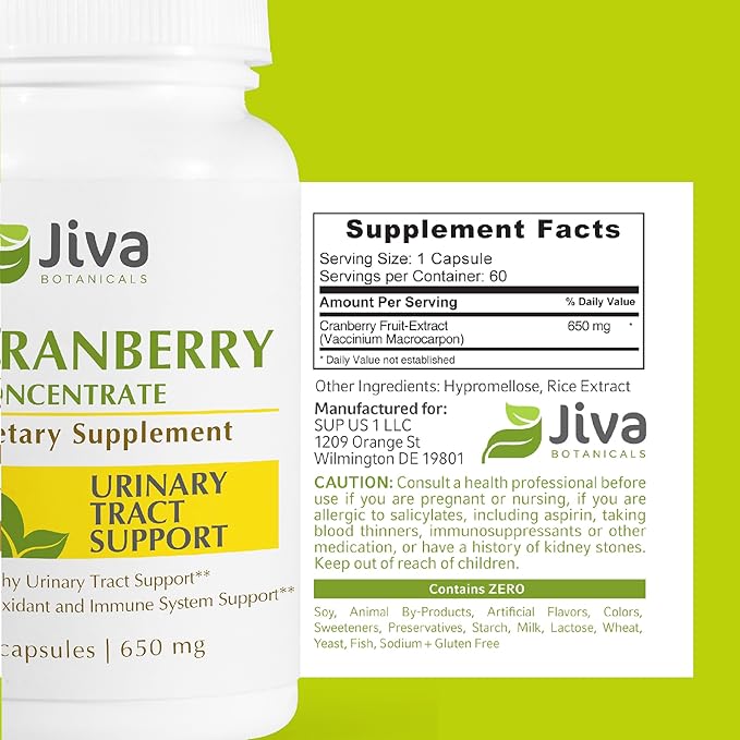 Jiva Botanicals Concentrated Cranberry Supplement - 650 mg Cranberry Powder Extract Pills for Women - High Potency for Normal Urinary Tract Health - 60 Capsules (Pack of 1)