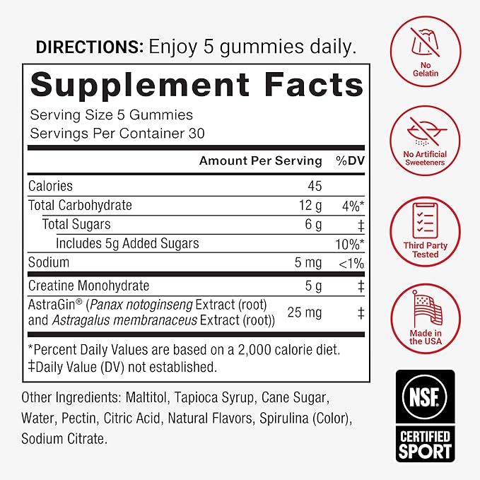 Force Factor Creatine Monohydrate Gummies, NSF Certified, 5g Dose for Men & Women to Support Muscle, Strength, Recovery, Cognitive Health & Memory, Packaging May Vary, Blue Raspberry, 150 Gummies