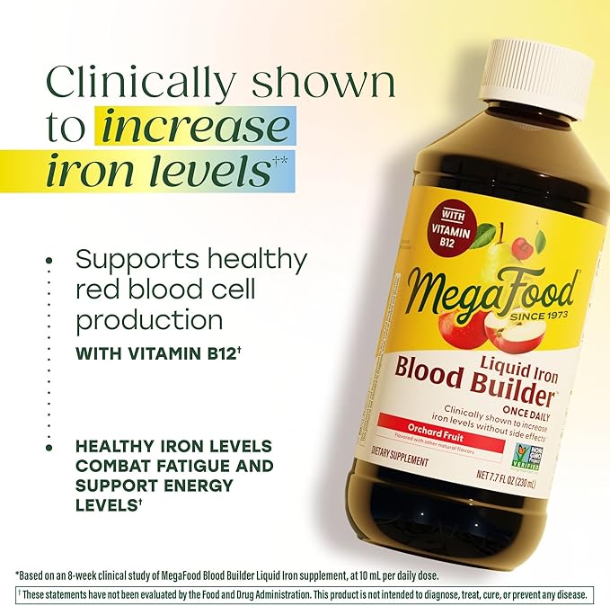MegaFood Blood Builder Liquid Iron Supplement for Women, Men & Kids, Clinically Shown to Increase Iron Levels Without Constipation, Vegan, 7.7 Fl Oz (23 Servings)