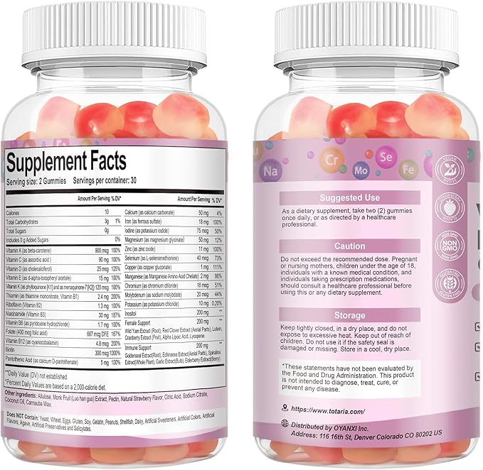 Totaria Sugar Free Multivitamin Gummies for Women 14+ w/Inositol, Iron, Folate, Biotin, Womens Daily Multivitamin Gummy w/Vitamin A, D, C, B, Support Hair, Skin, Energy, Immune, Strawberry Flavor