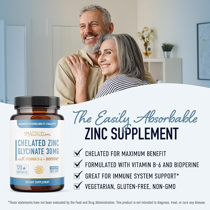 Chelated Zinc Supplements | Zinc Glycinate 30mg | Highly-Absorbable TRAACS Chelated Bisglycinate, Vitamin B6 and BioPerine | Immune Support, Acne & Energy | Non-GMO, Gluten-Free | 120 Capsules