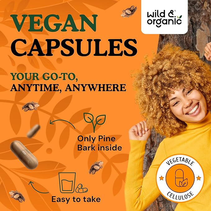Wild & Organic Pine Bark Extract Capsules 300 mg - Antioxidant Support - 95% Proanthocyanidins - 90 Capsules - French Maritime Pine Bark Extract - 90 Days of Supply - Pinus Maritima - Vegan, Non-GMO
