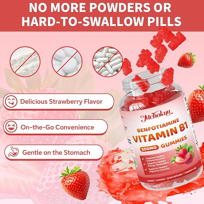 Vitamin B1 Gummies 500mg with Benfotiamine – Thiamine Supplement for Women & Men Supports Healthy Energy Metabolism & Immune, Sugar-Free | Vegan | Non-GMO, Natural Strawberry Flavor, 60 Count