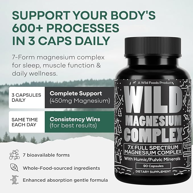 Wild Foods Magnesium Complex Supplement with 7X Forms | High Absorption, Full Spectrum, Easy Digestion | 500mg Glycinate, Bisglycinate, Malate, Orotate, Citrate, Taurate | 90 Capsule (Pack of 3)