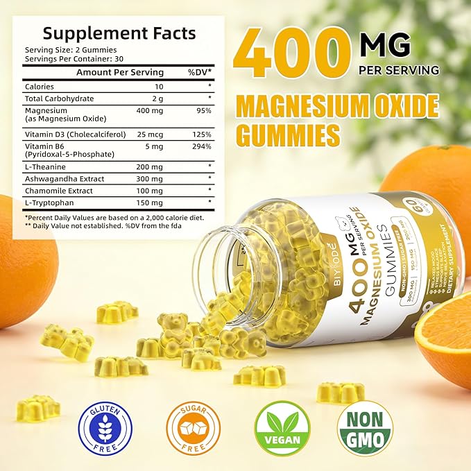 Magnesium Gummies Supplement with Magnesium Oxide L-Theanine Ashwagandha Vitamin D3 & B6 Supports Relaxation Mood Balance Sleep Wellness & Stress Management Sugar-Free Orange Flavor 60 Count
