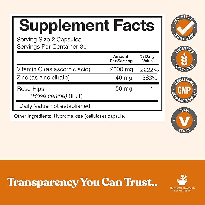 American Standard Supplements Vitamin C 2000mg, Zinc 40mg, and Rose HIPS 50mg Per Serving – Vegan, Gluten Free, Non-GMO (60 Count)