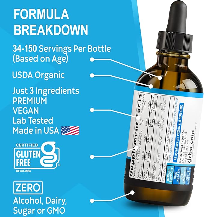 Zinc Supplements Liquid Drops Organic - Pure Organic Ionic Liquid Zinc Supplement Drops for Kids, Adults, Women & Men - Vegan, Skin Immune Support Supplements for Toddler Kids, Adults, Women, Men 4 Oz