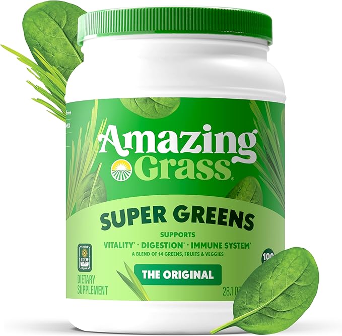 Amazing Grass Greens Blend Superfood: Super Greens Powder with Spirulina, Alfalfa, Beet Root Powder, Digestive Enzymes, Prebiotics & Probiotics, Original, 100 Servings (Packaging May Vary)