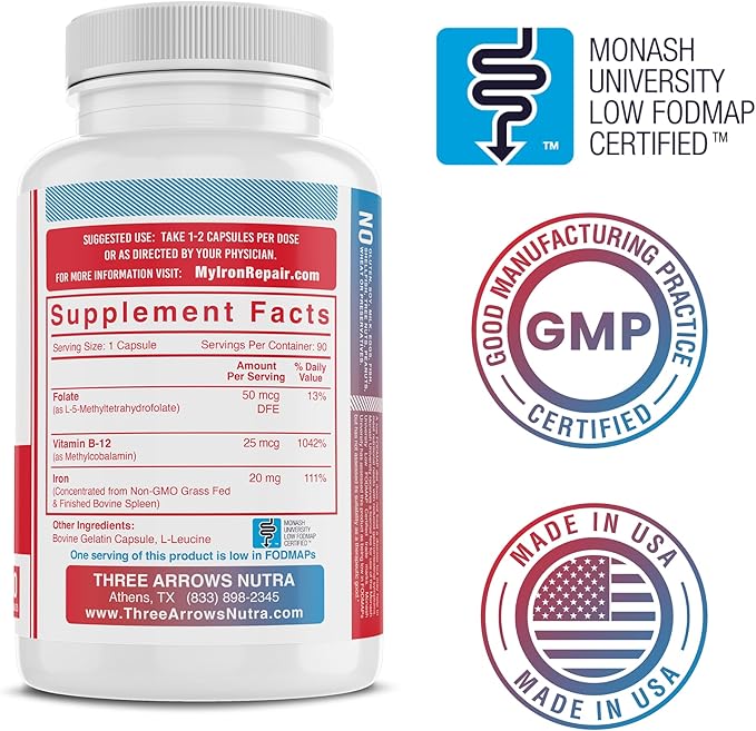 Iron Repair Plus Natural Iron Supplement, Best Absorption Gentle on Stomach, Monash Low FODMAP, Raise Hemoglobin & Ferritin for Women, Teens & Pregnancy Methylated B-12 & Folate, 90 Gelatin Capsules