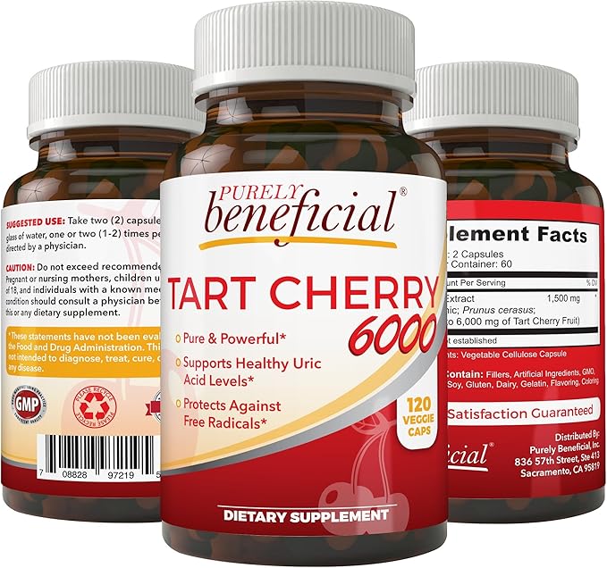 PURELY beneficial Tart Cherry Capsules 1500 mg, Extra Strength Montmorency Tart Cherry Extract, Uric Acid Flush for Joint Comfort, Antioxidant & Immune Support, Non-GMO, Gluten Free, 120 Count