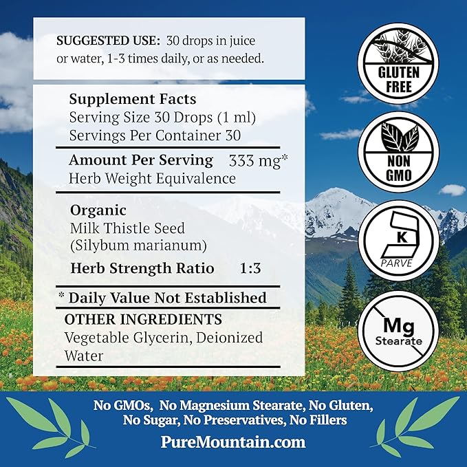 Pure Mountain Botanicals Milk Thistle Extract - Vegan, Kosher Certified Liquid Formula - Made with 333mg Organic Milk Thistle Tincture - 1 Fl Oz Bottle