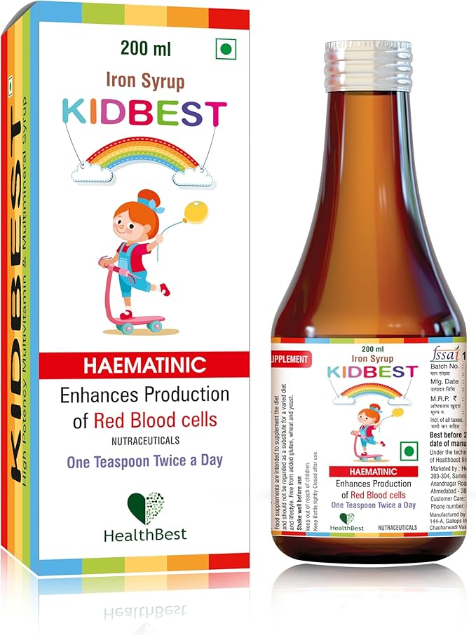 HealthBest Liquid Iron Syrup for Kids – Triple Action with Folic Acid and Zinc – Boosts Hemoglobin, Appetite, and Immunity – No Metallic Taste – 200ml Liquid Supplement, Safe & Effective