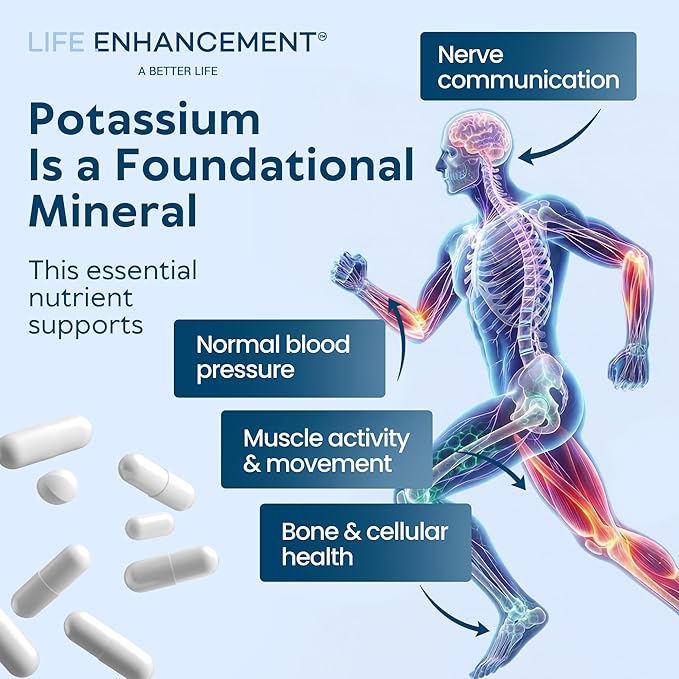 Life Enhancement High Potency 1020 mg Potassium Supplement for Muscle, Brain & Bone Health - No Additives High Absorption Elemental Potassium Supplement, Made in USA (240 Capsules – 120 Servings)