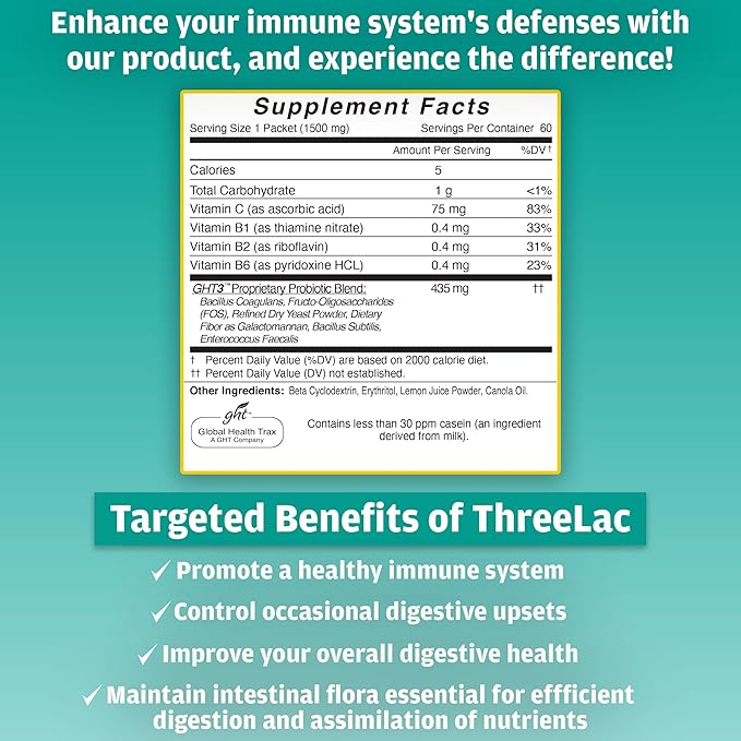 Global Health Trax GHT - ThreeLac Lemon Probiotic Drink Mix for Digestive Health - Advanced Probiotic Powder Formula for Men, Women & Kids - Immune Support & Gut Balance, Non-GMO - 60 Packets